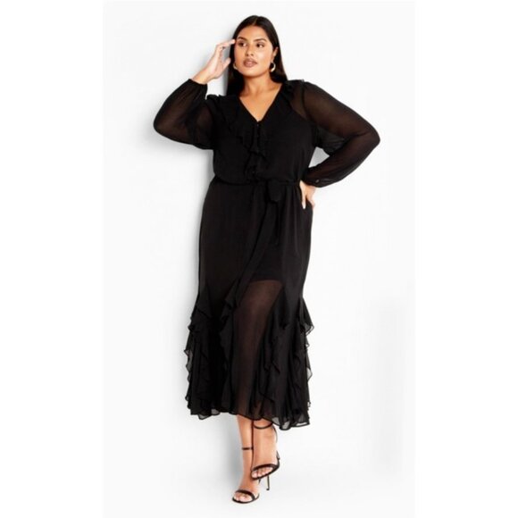 City Chic Black Ruffle Bridgette Maxi Dress 14W - NEW - Picture 1 of 12